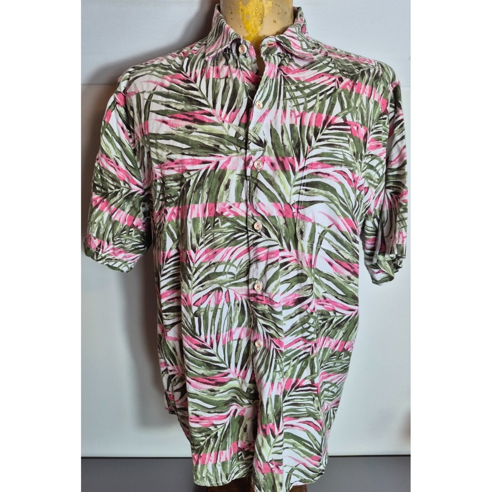 Tommy Bahama Mens Hawaiian Button-Up Tencel Cotton Blnd Shirt L Pink Green White